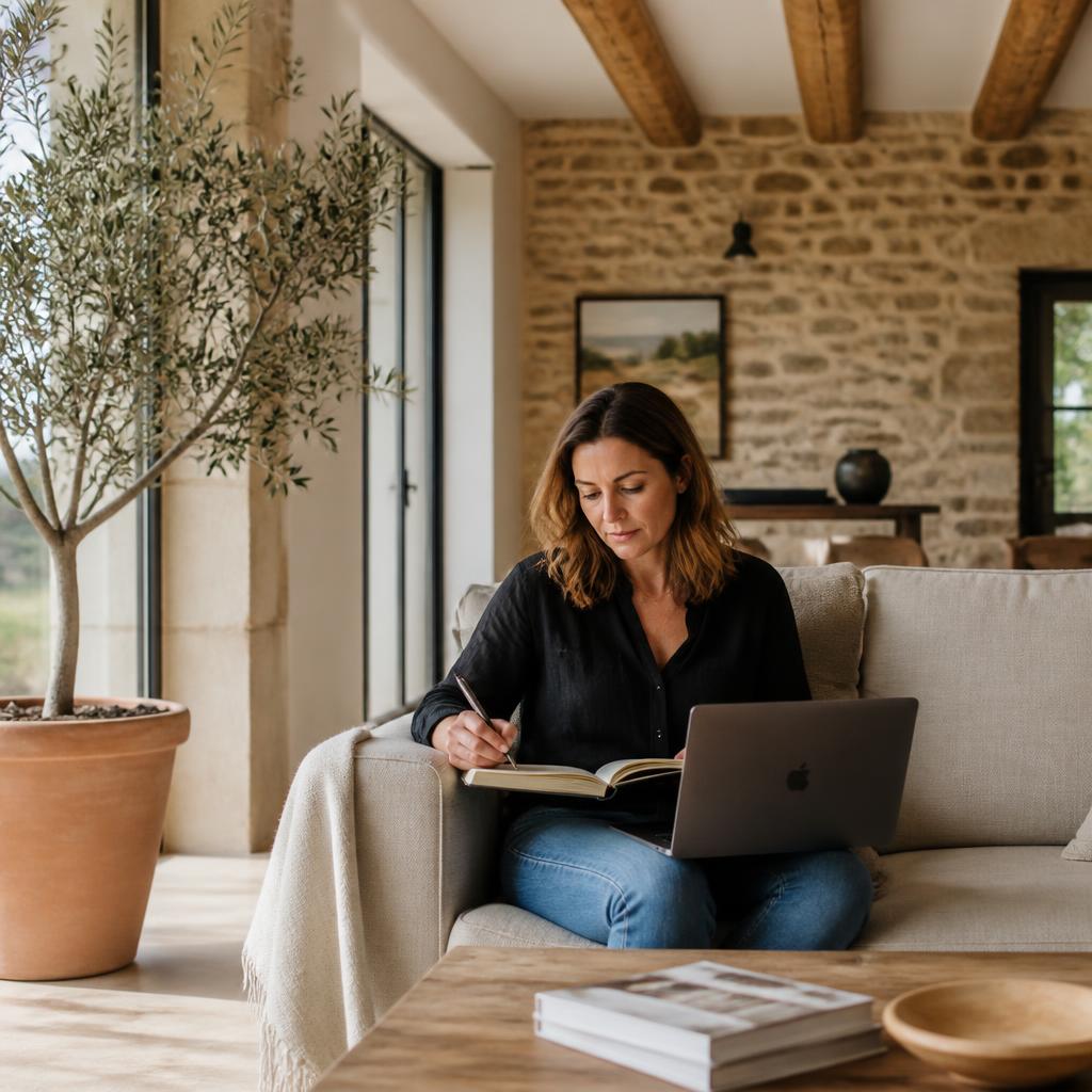 Une propriétaire prend des notes chez elle en préparant son projet de rénovation