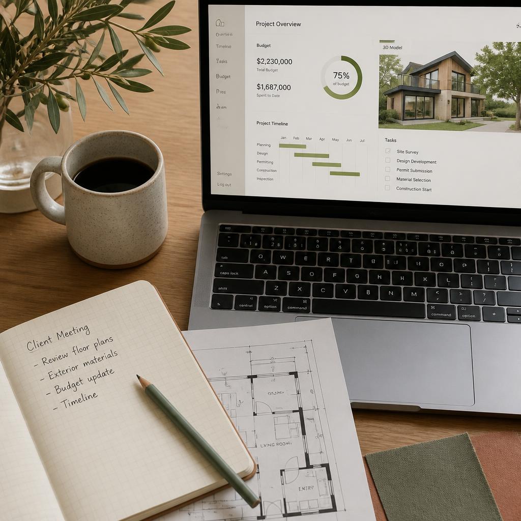 Bureau avec plans, ordinateur affichant un tableau de bord projet et carnet de notes