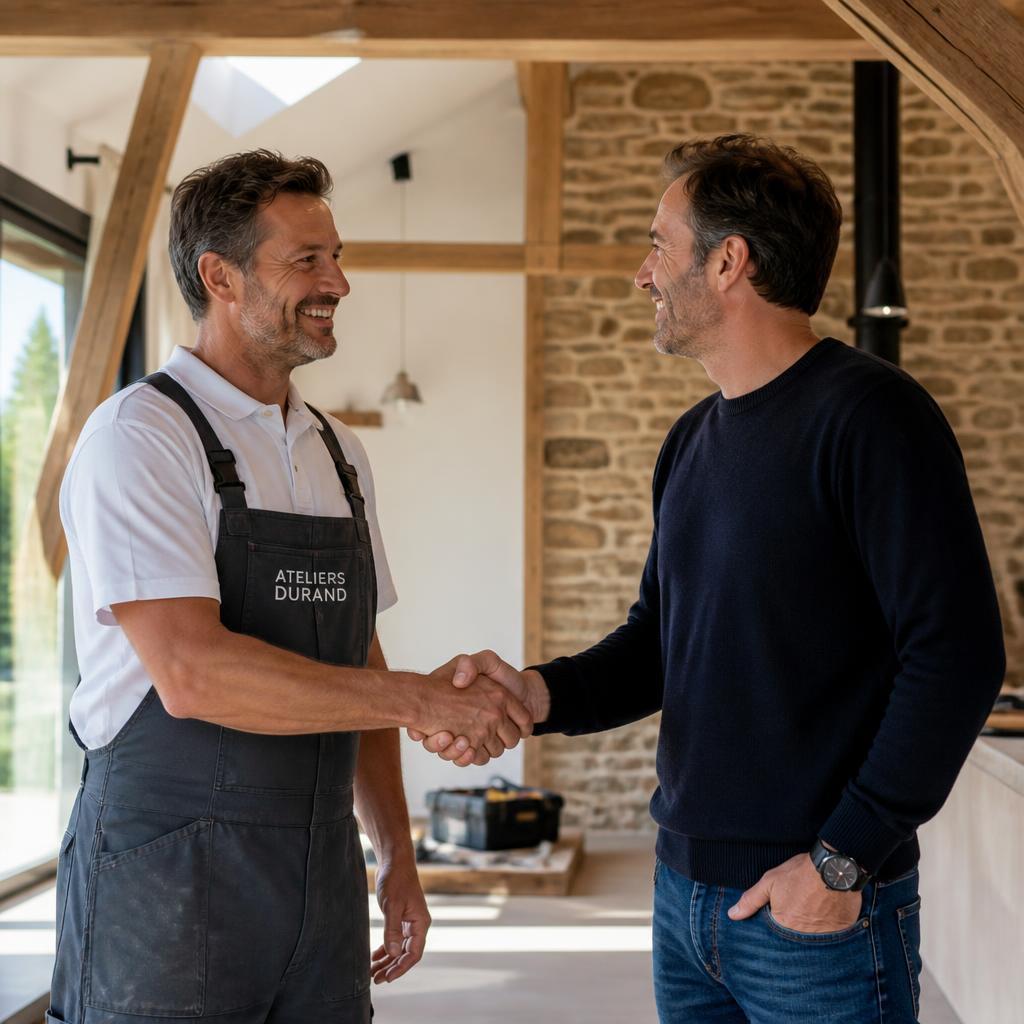 Un artisan et un propriétaire se serrent la main dans une maison rénovée
